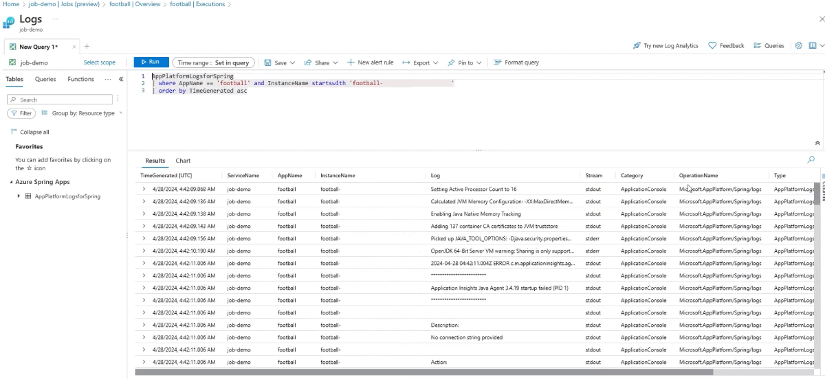 Screenshot of the Azure portal that shows the Logs page.