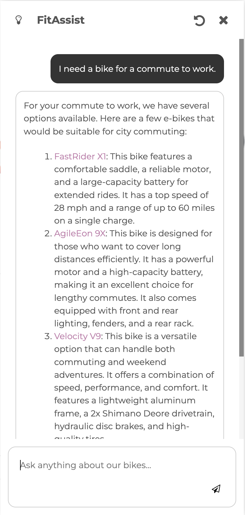 Screenshot that shows the 'I need a bike for a commute to work' query and the response from the Fitness Store assistant.