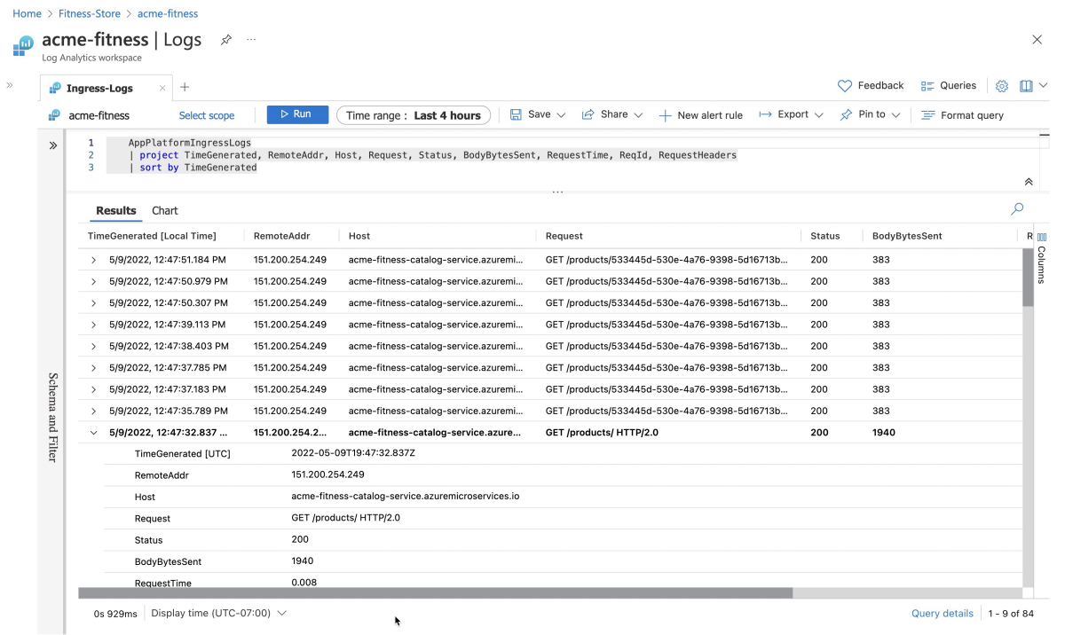Screenshot of Azure portal showing example output from the Ingress Logs.