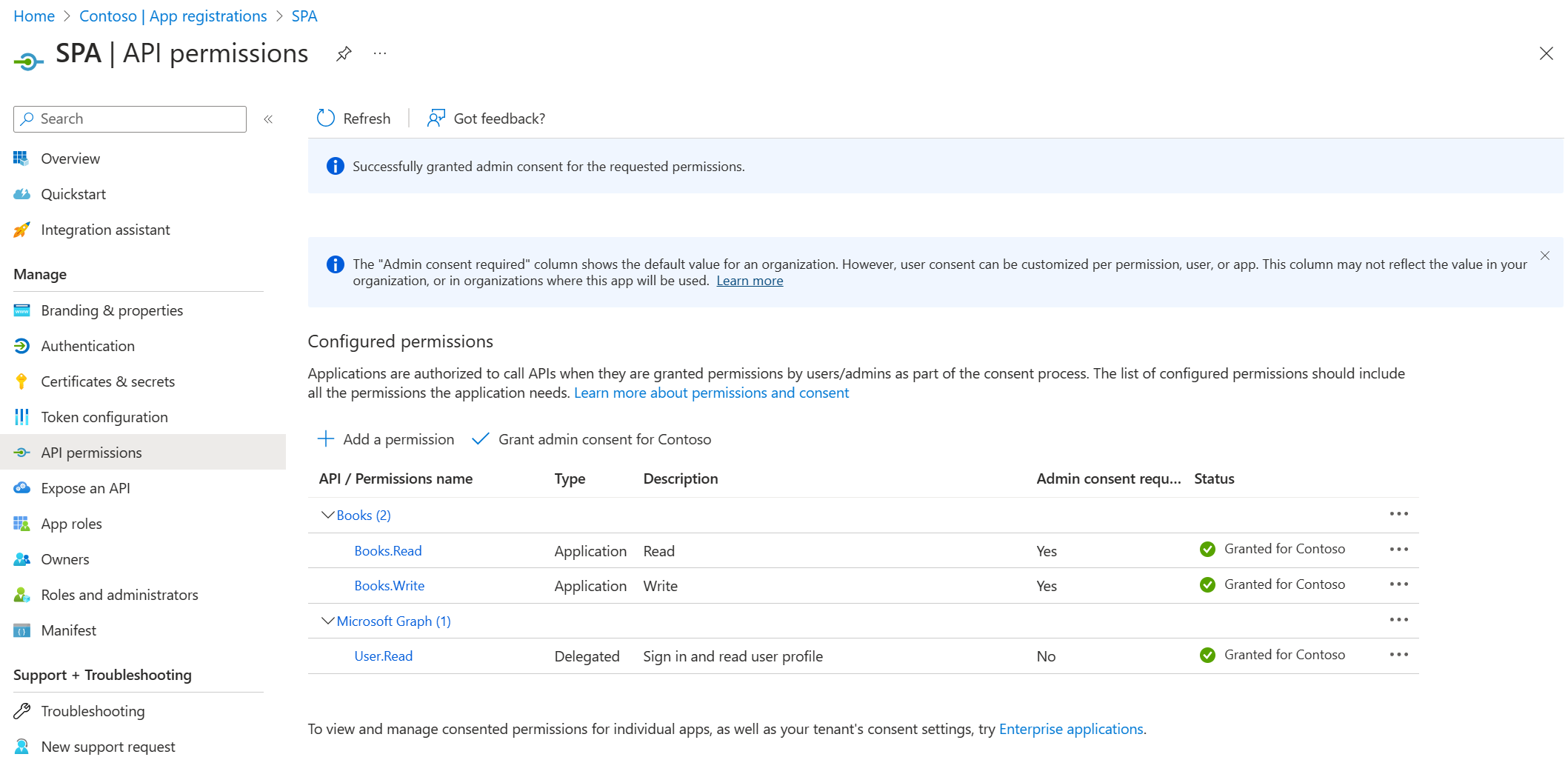 Screenshot of the SPA API permissions page that shows the API permissions of a web application.