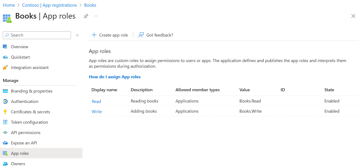Screenshot of the Books app registration page that shows the App roles.