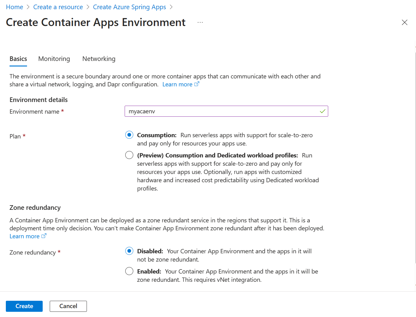 Screenshot of the Azure portal that shows the Create Azure Container Apps page.
