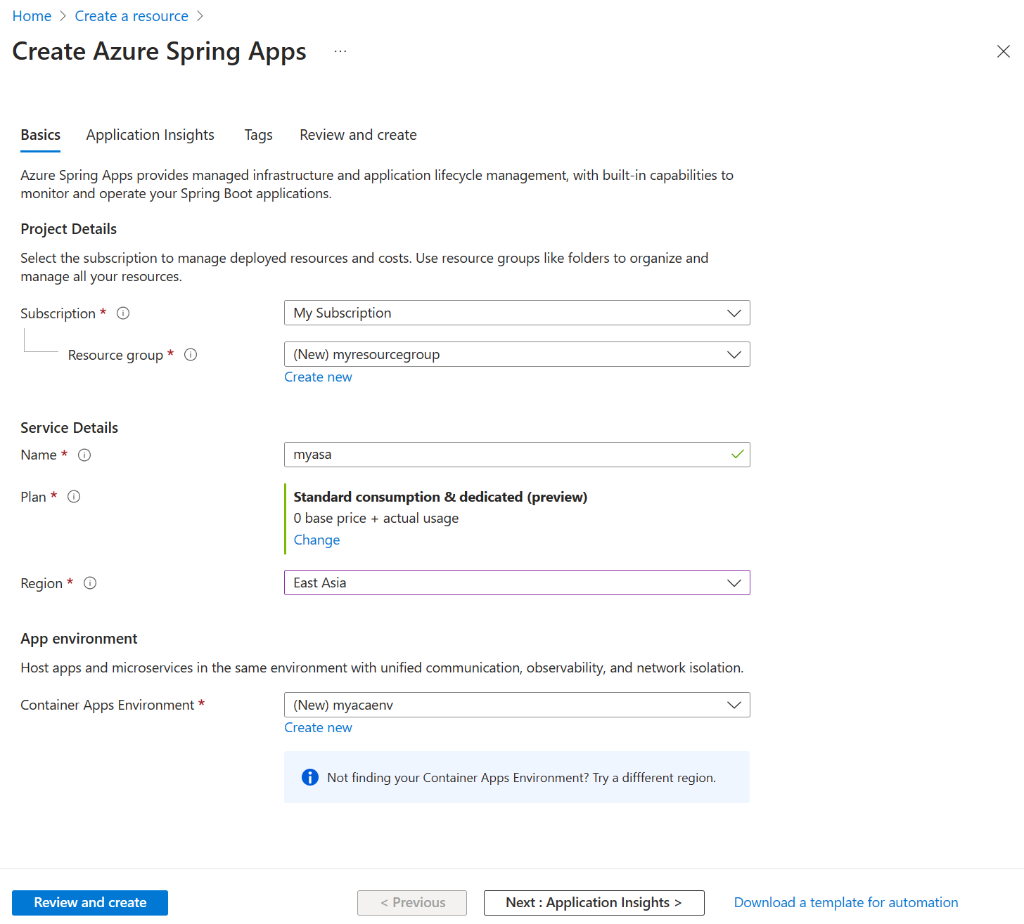 Screenshot of the Azure portal that shows the Create Azure Spring Apps consumption plan page.