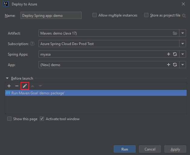 Screenshot of IntelliJ IDEA Create Azure Spring Apps dialog box with Maven Goal edit button highlighted.