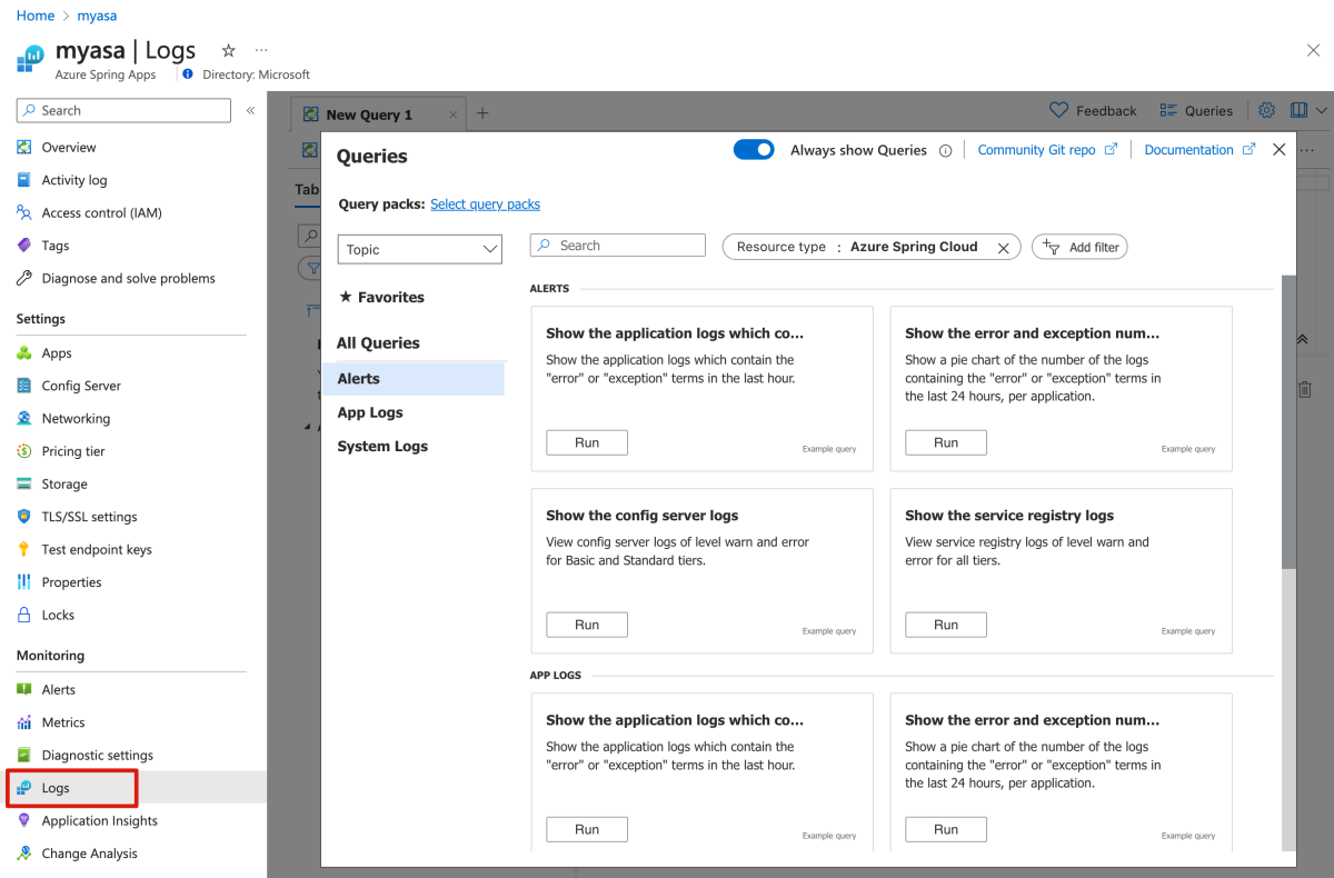 Screenshot of the Azure portal that shows the Azure Spring Apps Logs page.