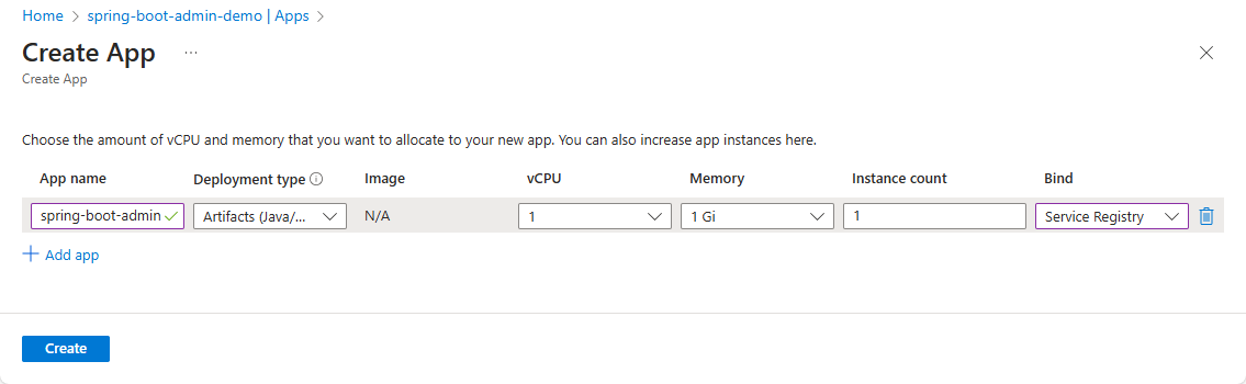 Screenshot of the Azure portal that shows the Create App page.
