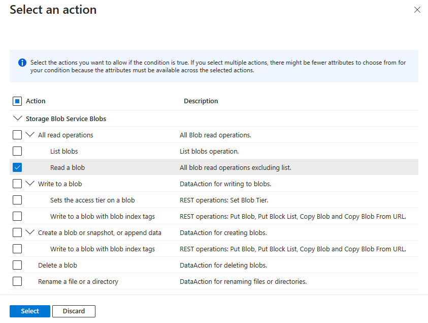 Screenshot of condition editor in Azure portal showing selection of just the read operation.