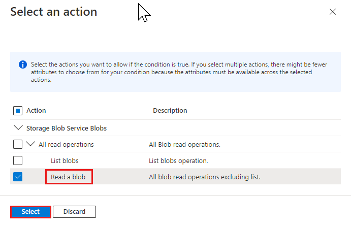 Screenshot of Select an action pane with an action selected.