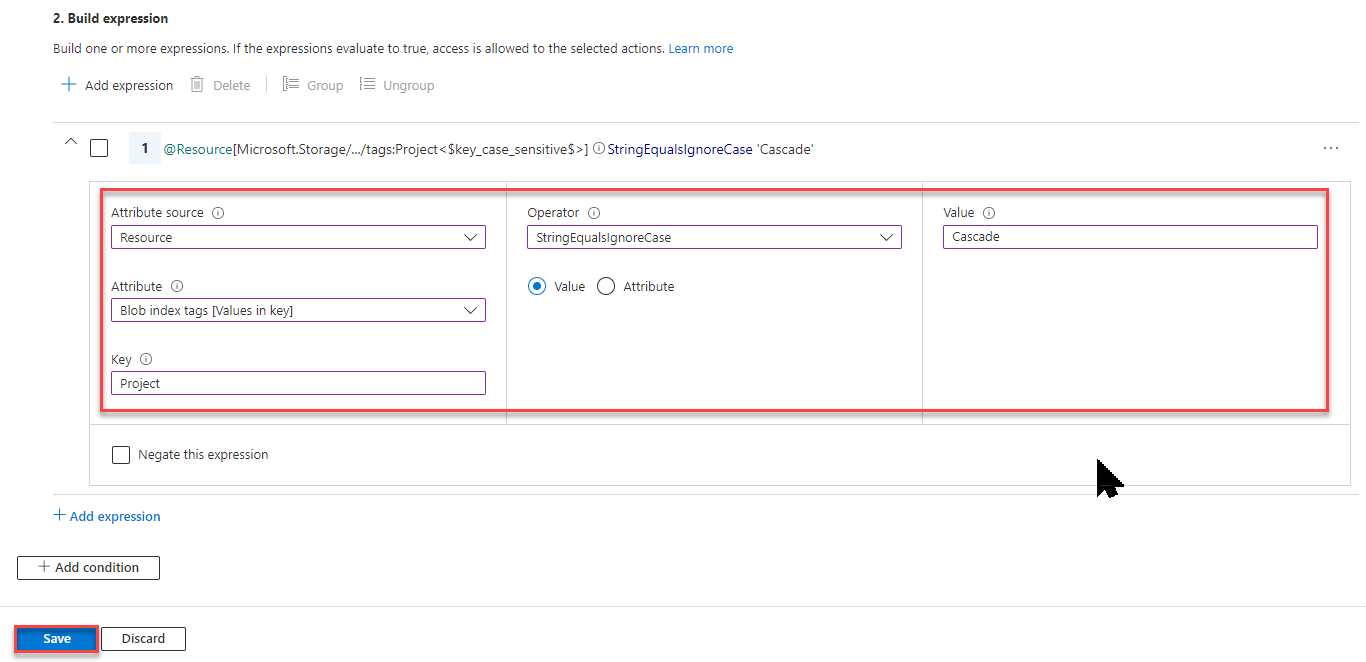 Screenshot of Build expression section for blob index tags.