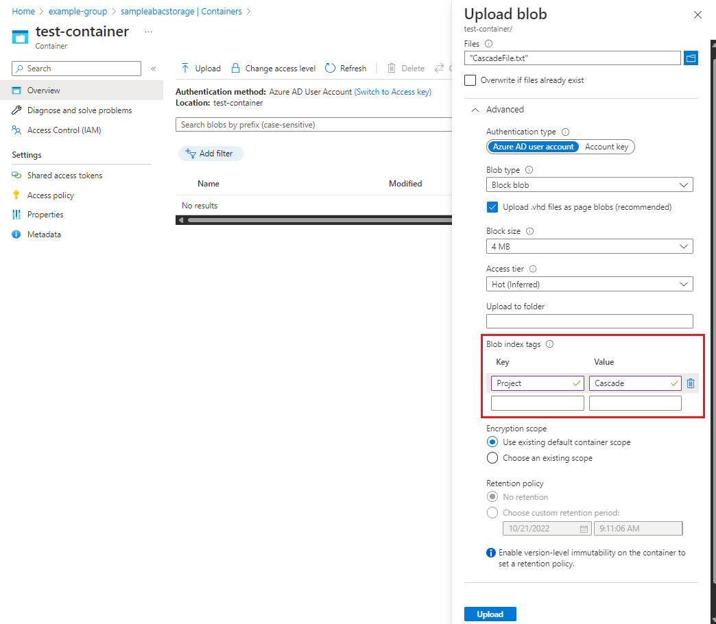 Screenshot showing Upload blob pane with Blog index tags section.