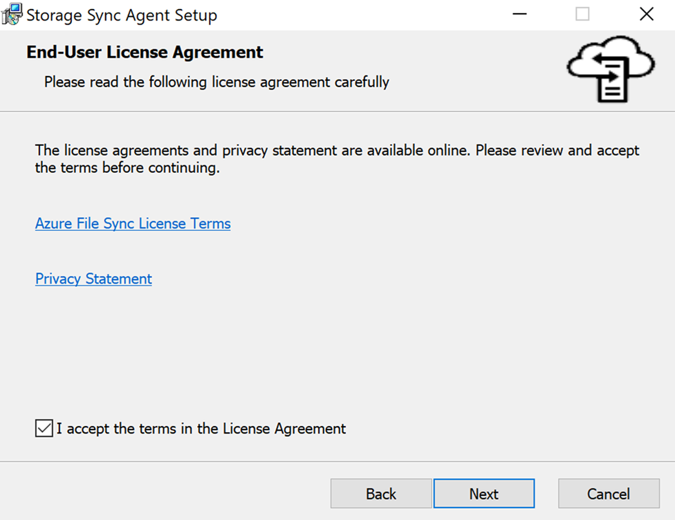 Screenshot of the File Sync Agent Setup Wizard page for acceptance of the license agreement.