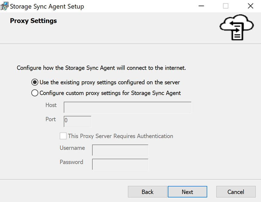 Screenshot of proxy settings in the File Sync Agent Setup Wizard.