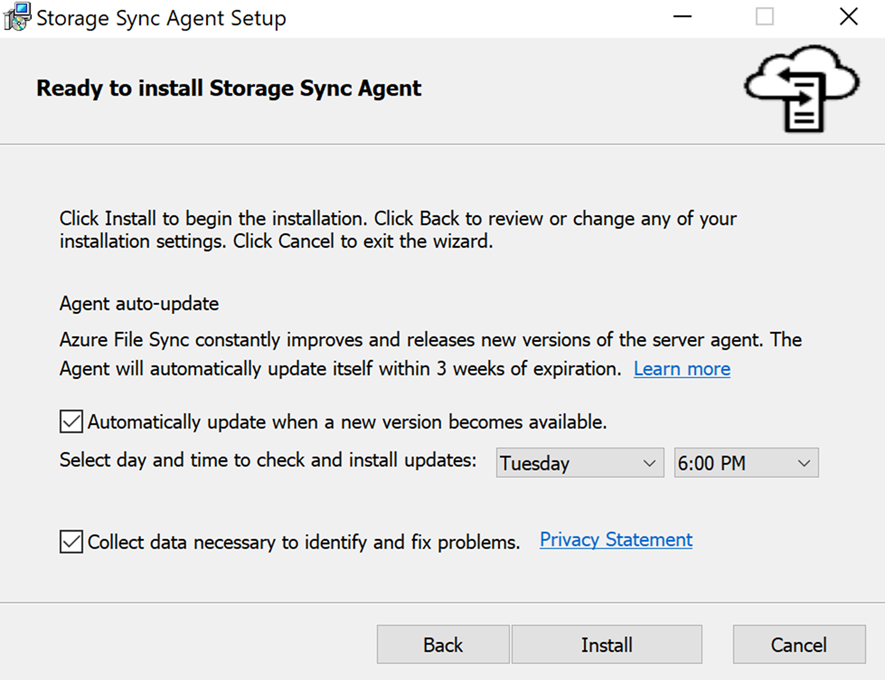 Screenshot of the options for automatic updates and data collection in the File Sync Agent Setup Wizard.