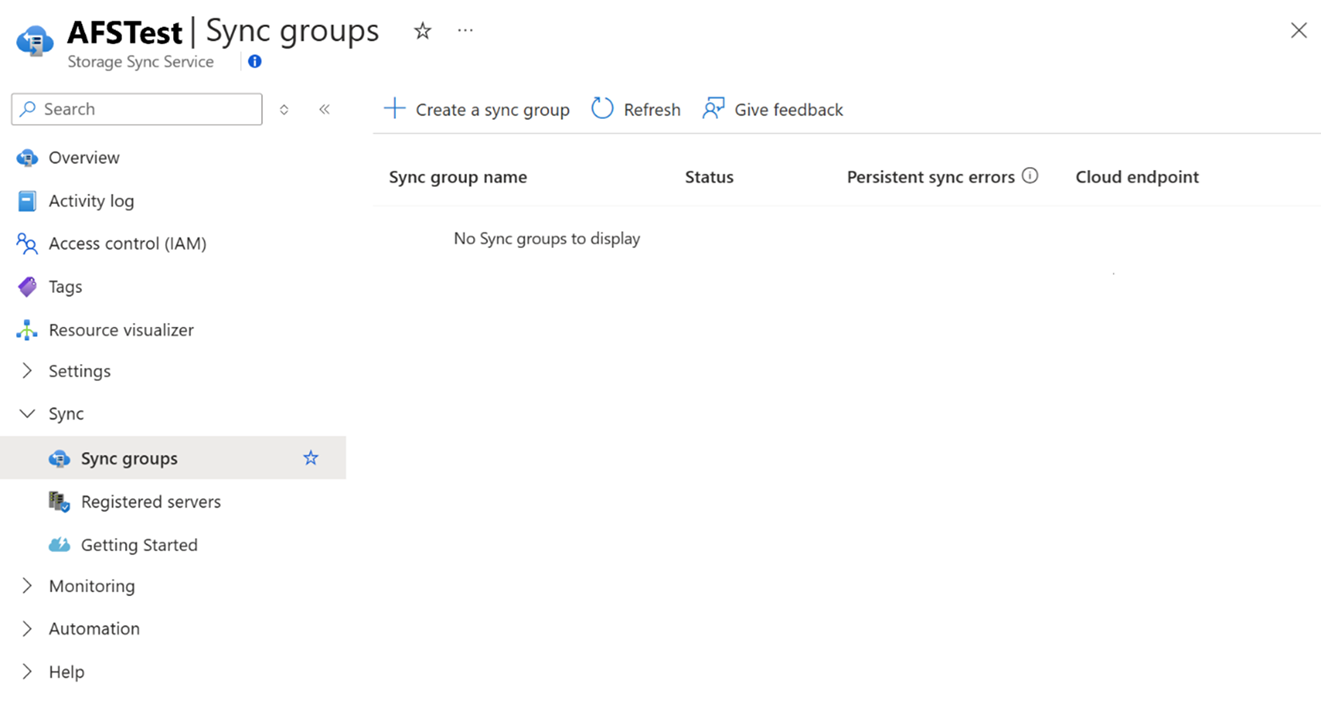 Screenshot of the pane for sync groups in the Azure portal.