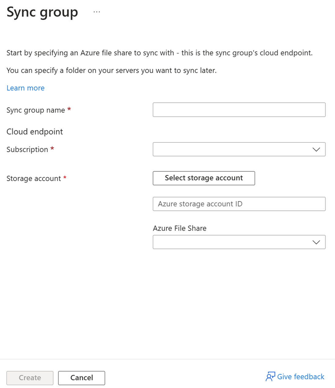 Screenshot of the pane for entering details about a new sync group in the Azure portal.