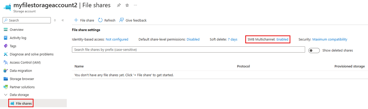 A screenshot of the file shares section within the storage account highlighting the SMB Multichannel setting.