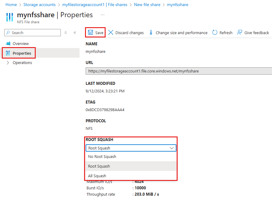 Screenshot showing how to configure root squash settings for an NFS file share in the Azure portal.