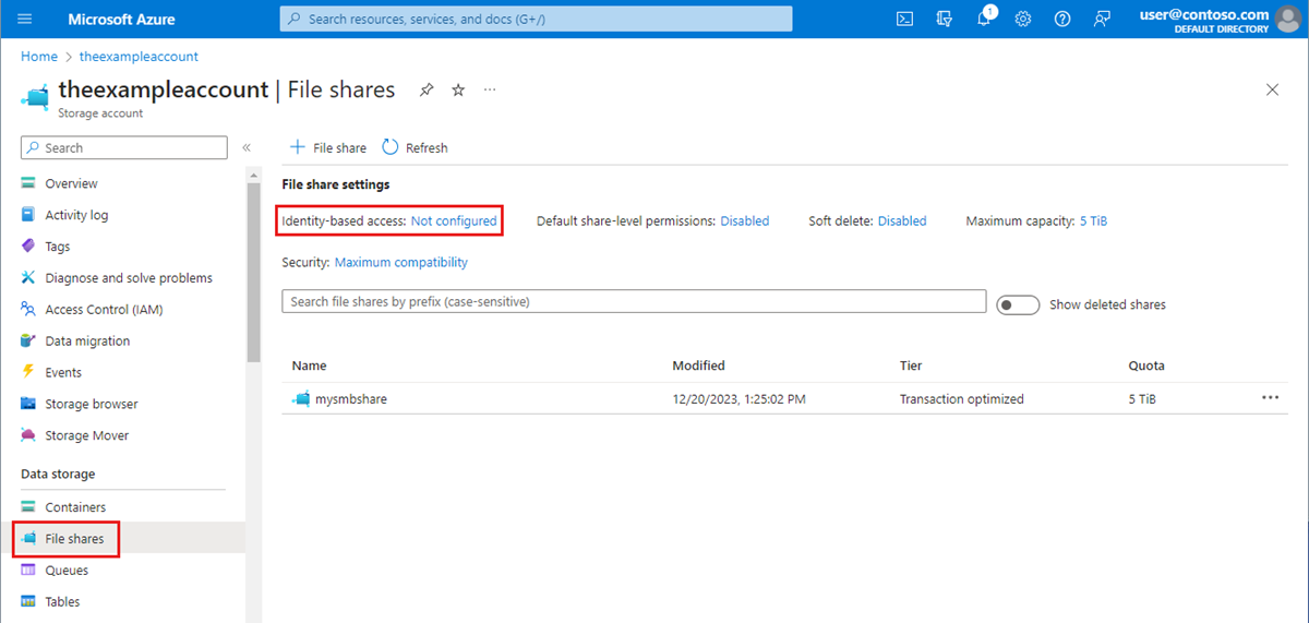 Screenshot of the file shares pane in your storage account, identity-based access is highlighted.