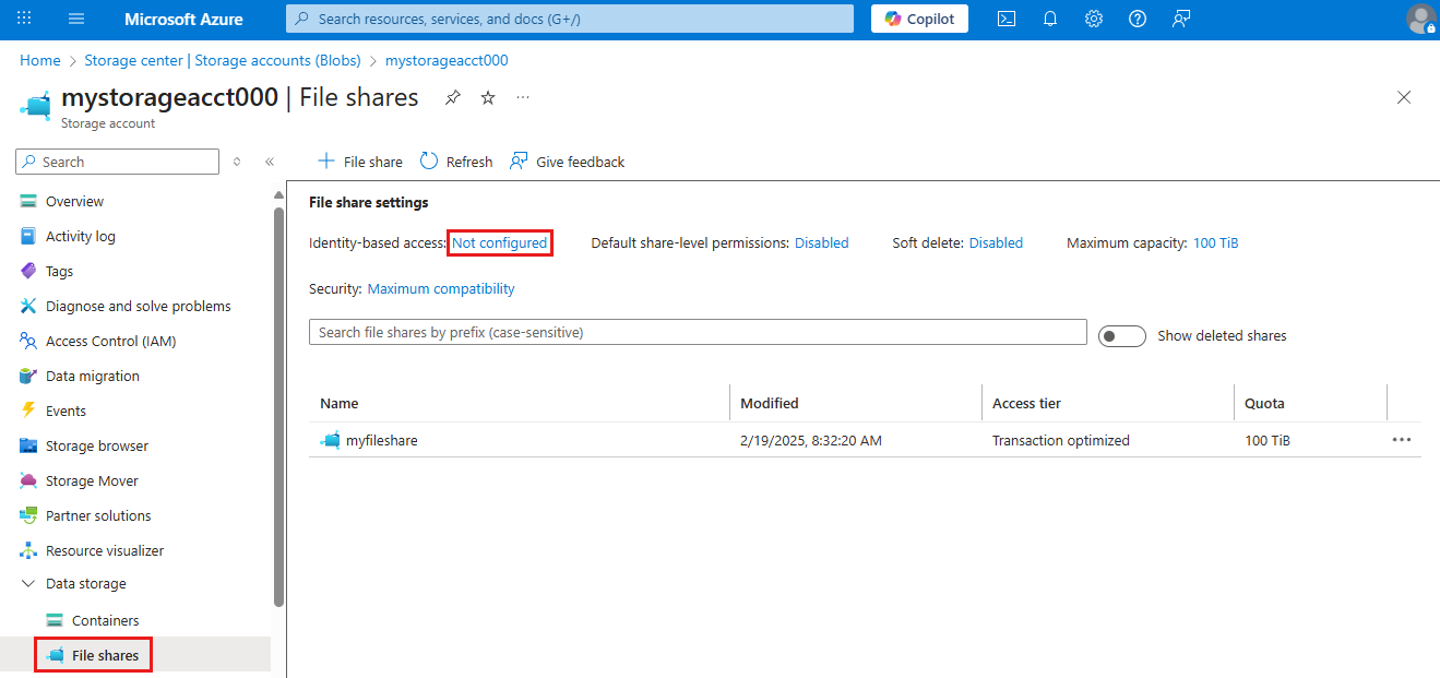 Screenshot of the Azure portal showing file share settings for a storage account.