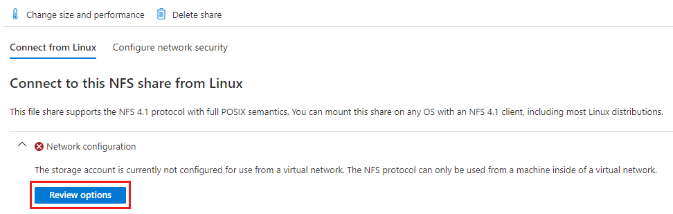 Screenshot showing how to configure network settings to connect to the N F S share from Linux.