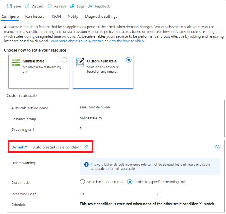 Screenshot showing the Custom autoscale default condition that you edit.