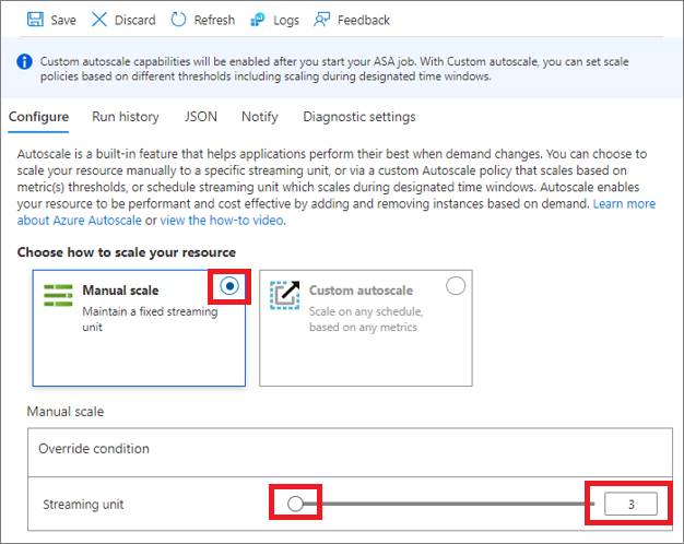 Screenshot showing Manual scale where you select the number of streaming units with a slider.