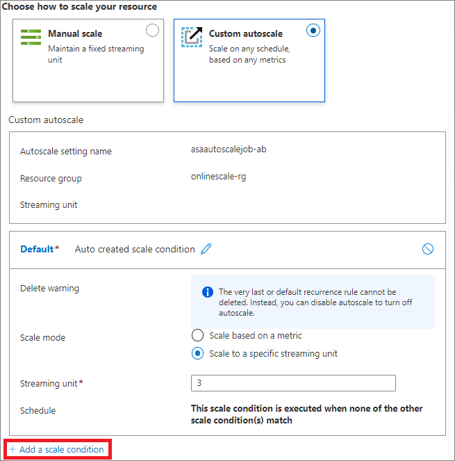 Screenshot showing the custom autoscale scale condition.