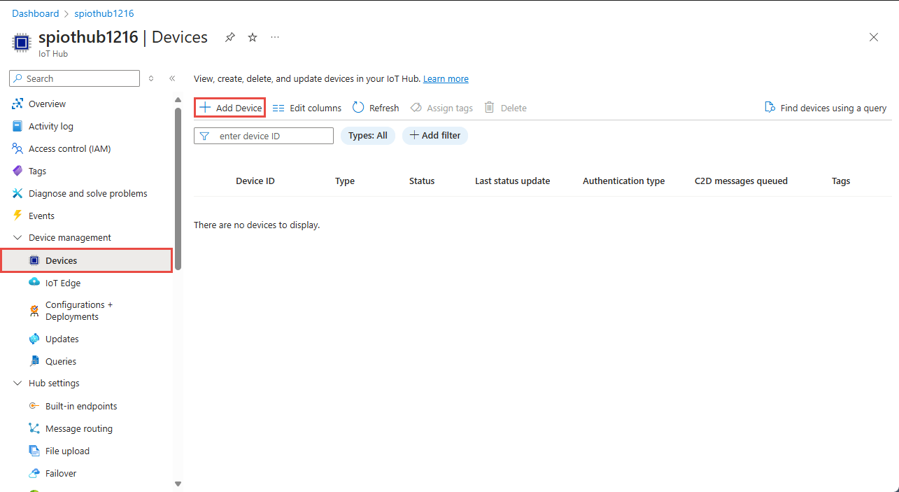 Screenshot showing the Add device button on the Devices page.