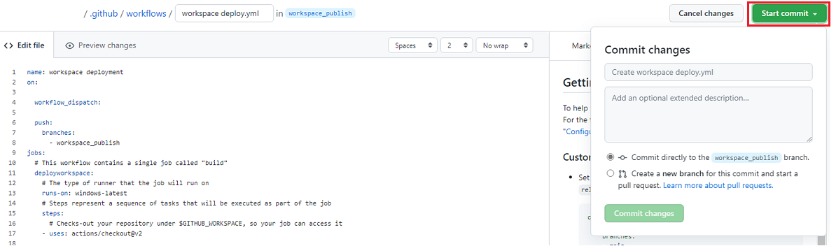 Screenshot that shows committing the workflow in GitHub.