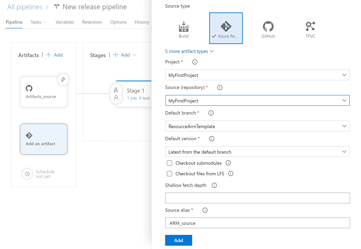 Screenshot that shows setting the resource ARM template branch.