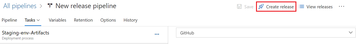 Screenshot that shows the New release pipeline pane, with Create release highlighted.