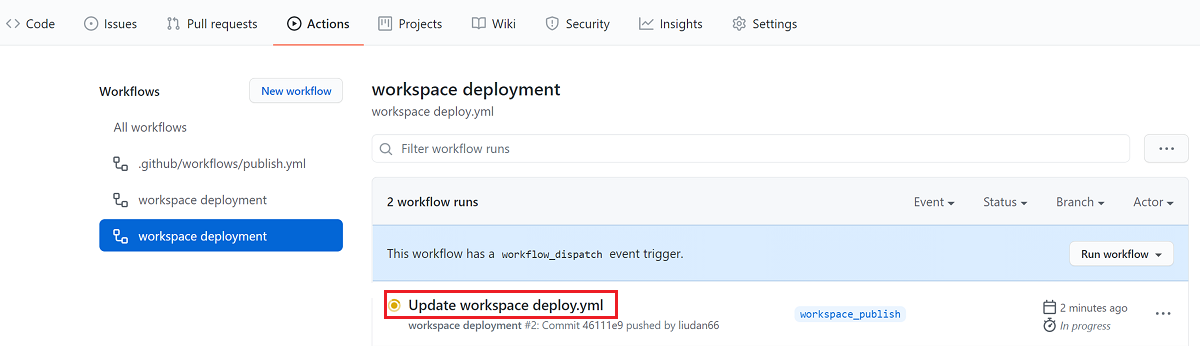 Screenshot that shows selecting the workspace deployment sign in the repository Actions in GitHub.
