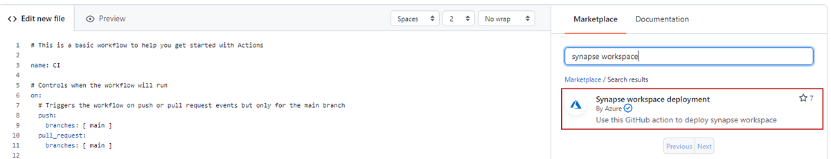 Screenshot that shows searching for the Synapse workspace deployment task on the Marketplace tab.