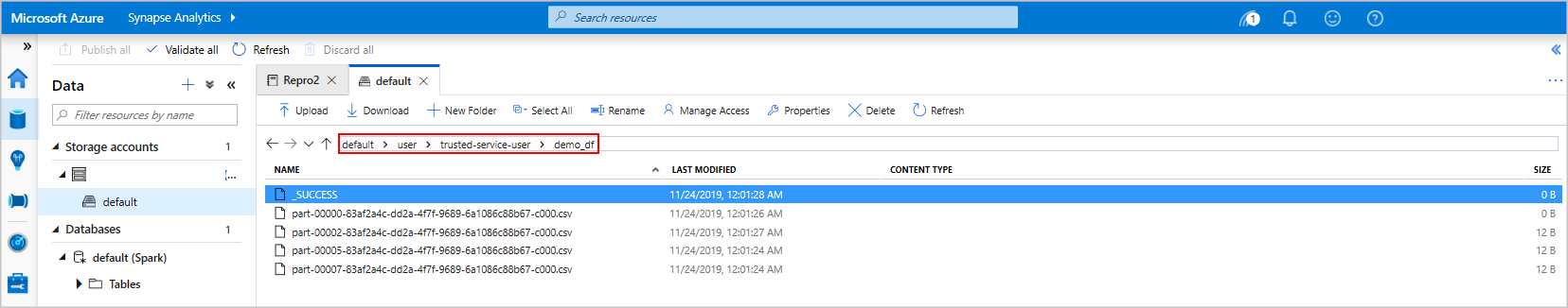 Storage explorer view of the output  Storage explorer view of the output