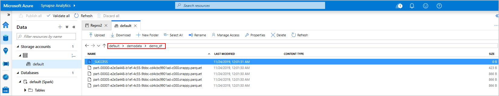 Storage explorer view of the output  Screenshot that highlights default > demodata > demo_df path.
