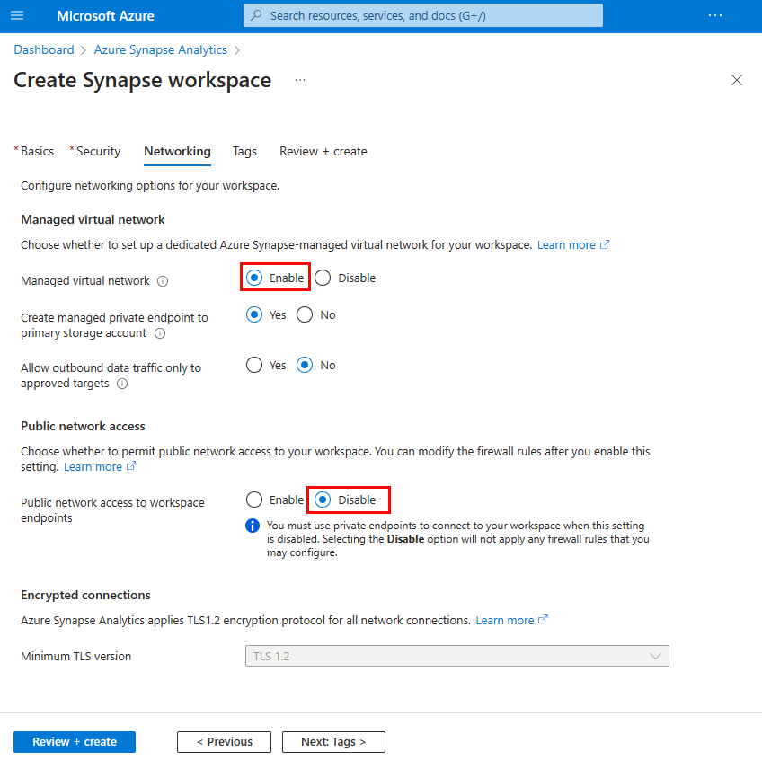Screenshot from the Azure portal. Create Synapse workspace, networking tab, public network access setting.