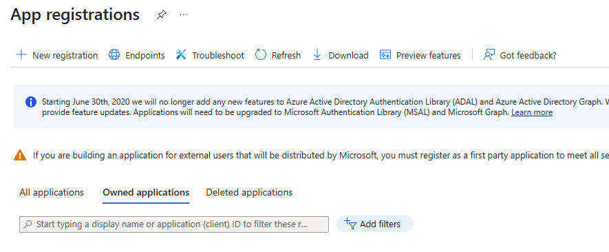 Screenshot showing create a new app registration.