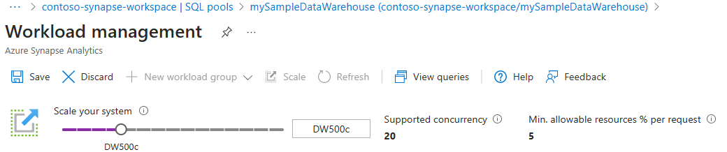 A screenshot of the Azure portal showing the Scale slider on the Scale page of a dedicated SQL pool in an Azure Synapse workspace.