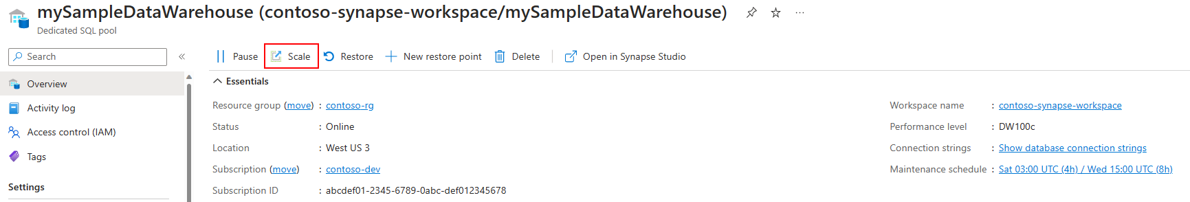 A screenshot of the Azure portal showing the Scale button on the Overview page of a dedicated SQL pool.