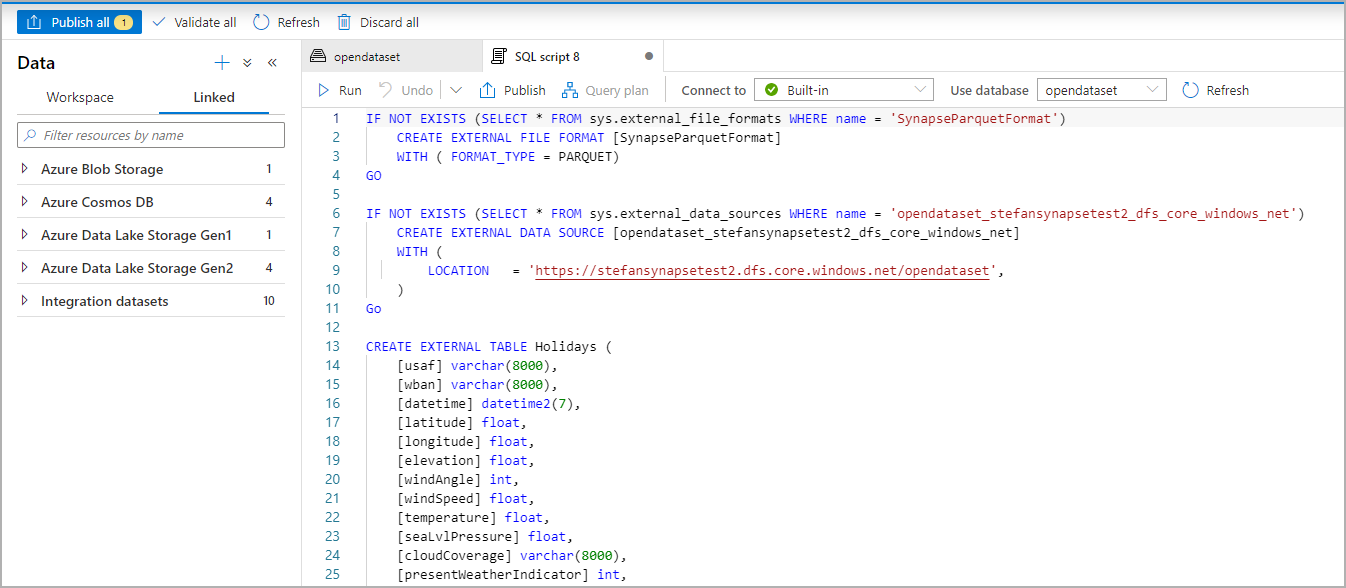 Screenshot from the Azure portal of a T-SQL script that creates an external table.