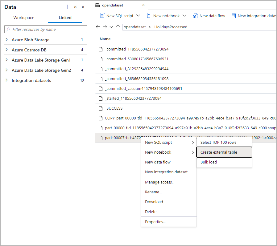 Screenshot from the Azure portal of the Azure Synapse Analytics create external table experience.