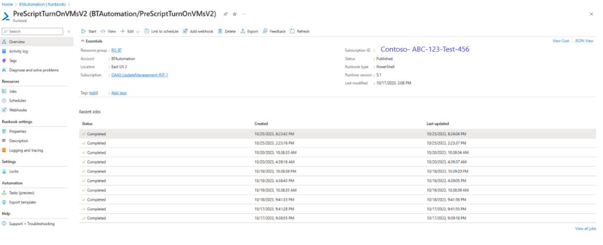 Screenshot that shows how to check the status of runbook job.