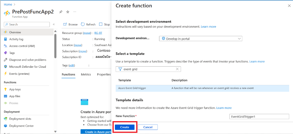 Screenshot that shows the options to select while creating a function.