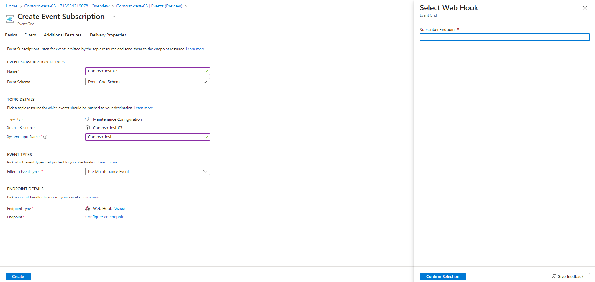 Screenshot that shows the options to create the events subscriptions.