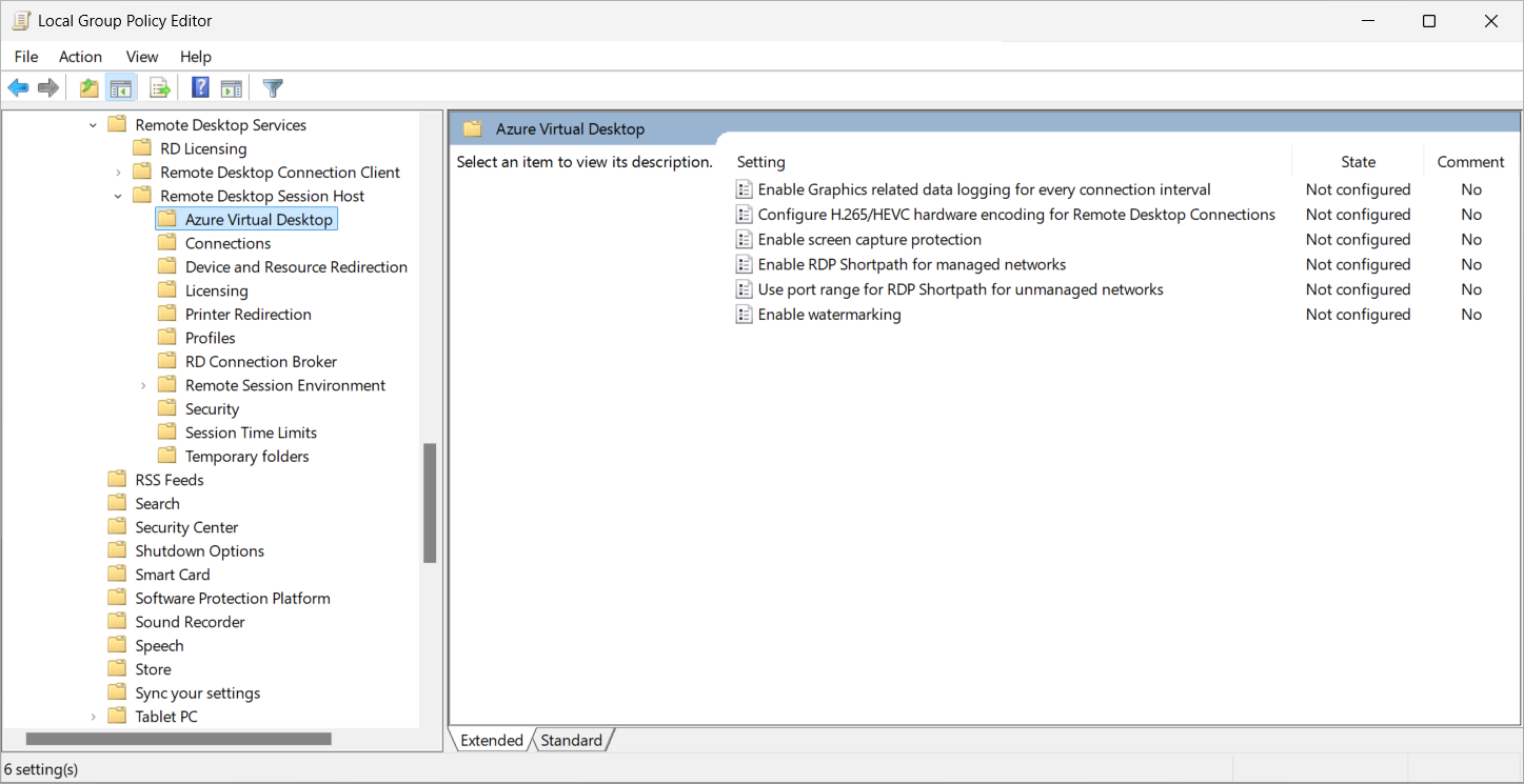 A screenshot showing the Azure Virtual Desktop options in Group Policy.