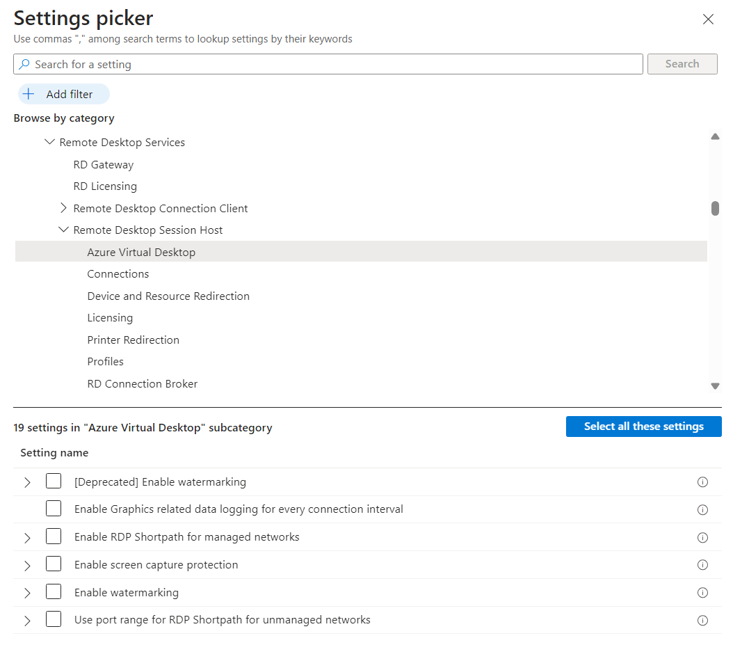 A screenshot showing the Azure Virtual Desktop options in the Microsoft Intune portal.