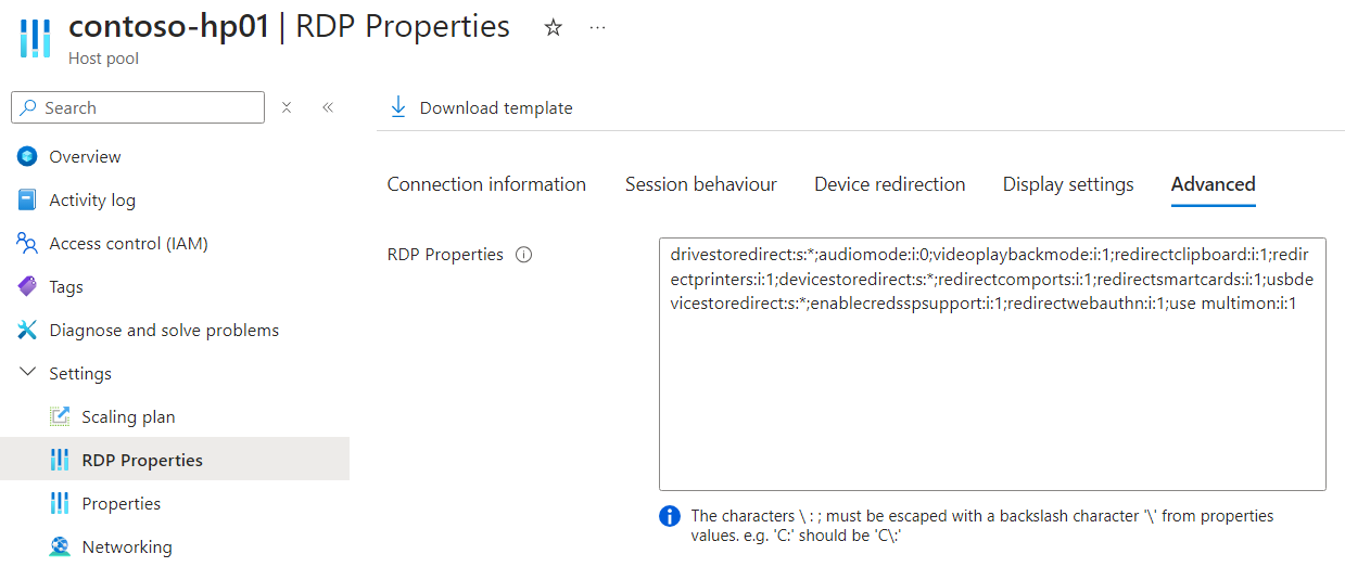 A screenshot showing the advanced tab of RDP properties in the Azure portal.