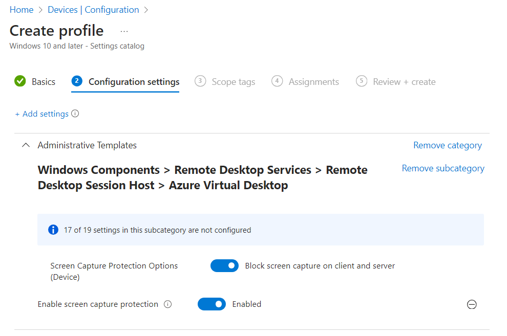 A screenshot showing the screen capture protection settings in Microsoft Intune.
