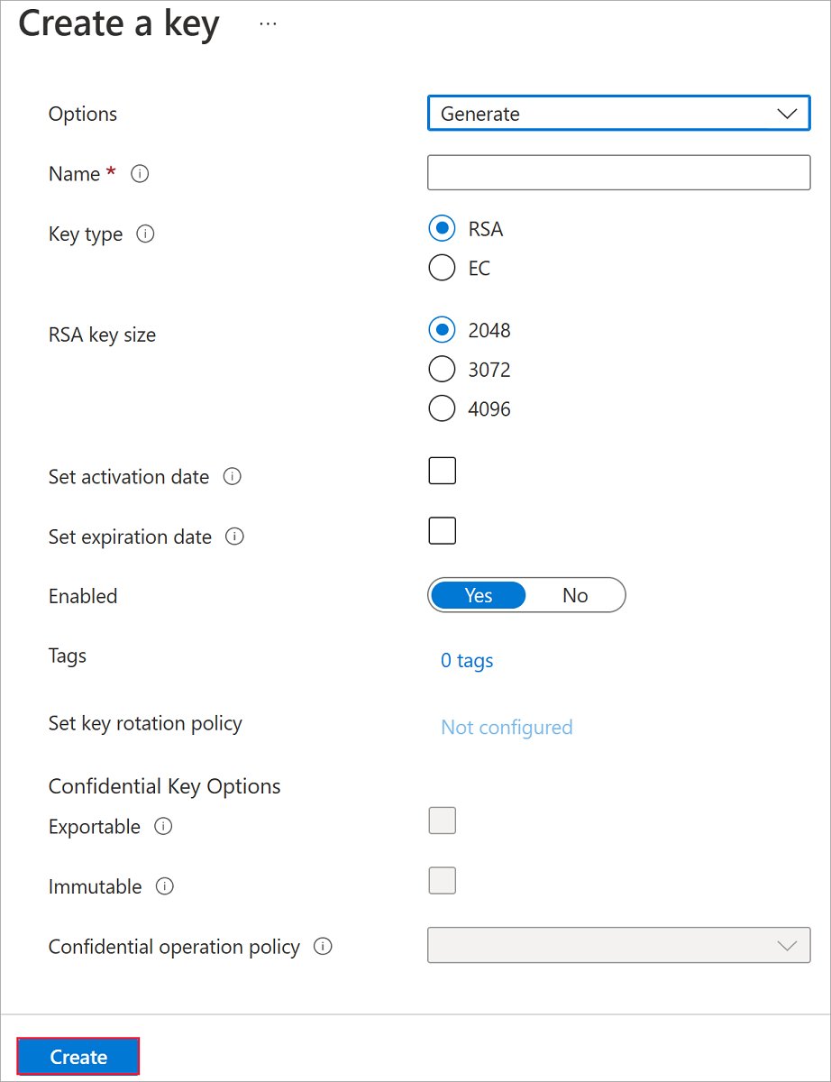 Screenshot of the create a key pane that appears once generate/import button is selected.