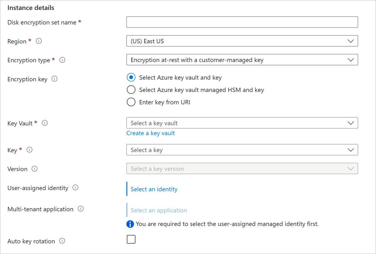 Screenshot of the disk encryption creation pane. Showing the subscription, resource group, disk encryption set name, region, and key vault + key selector.